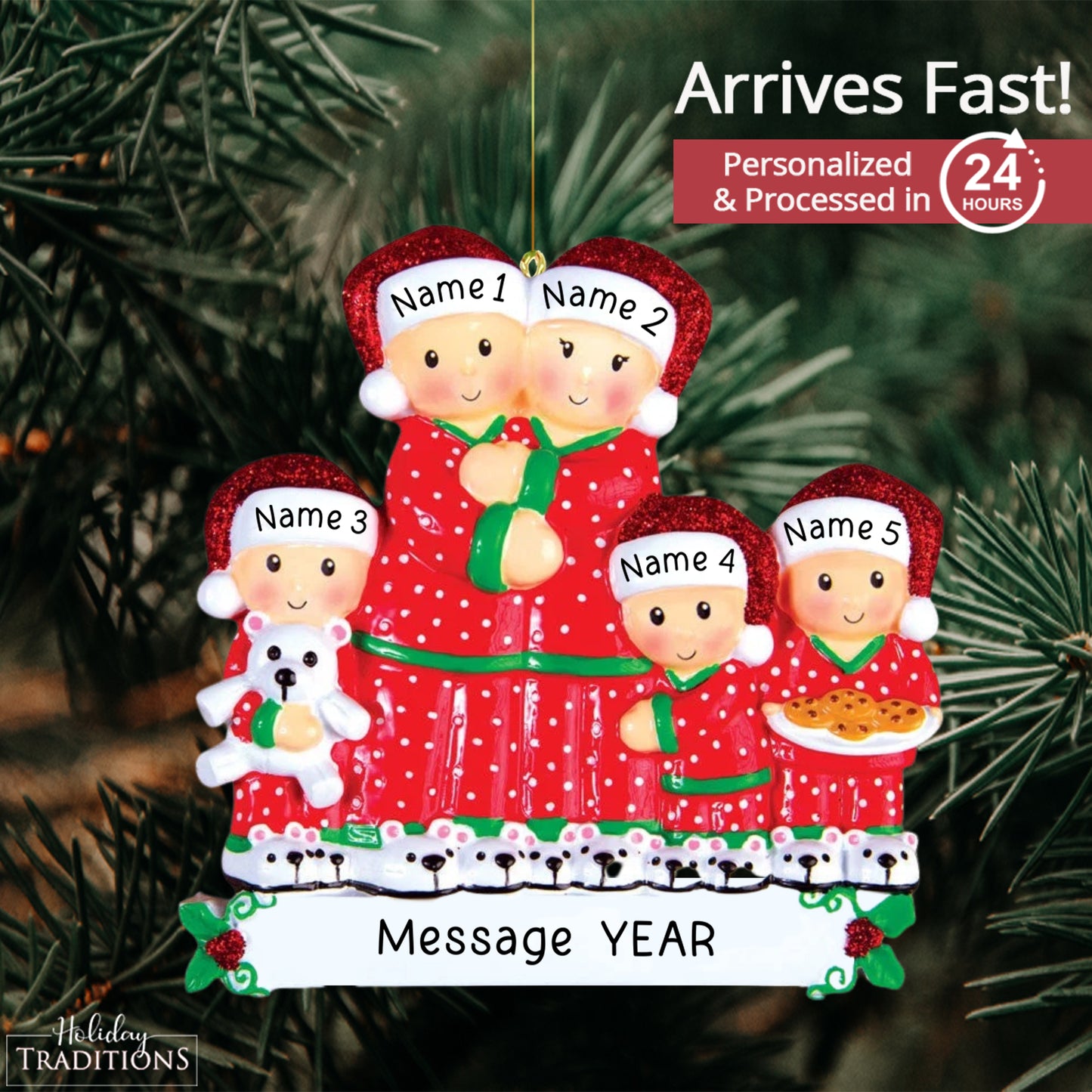 Pajama Family of 5 Christmas Ornament