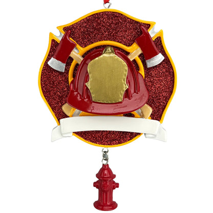 Firefighter emblem personalized Christmas ornament shown blank, a fire department Maltese cross, ready to add a name and two helmet lines