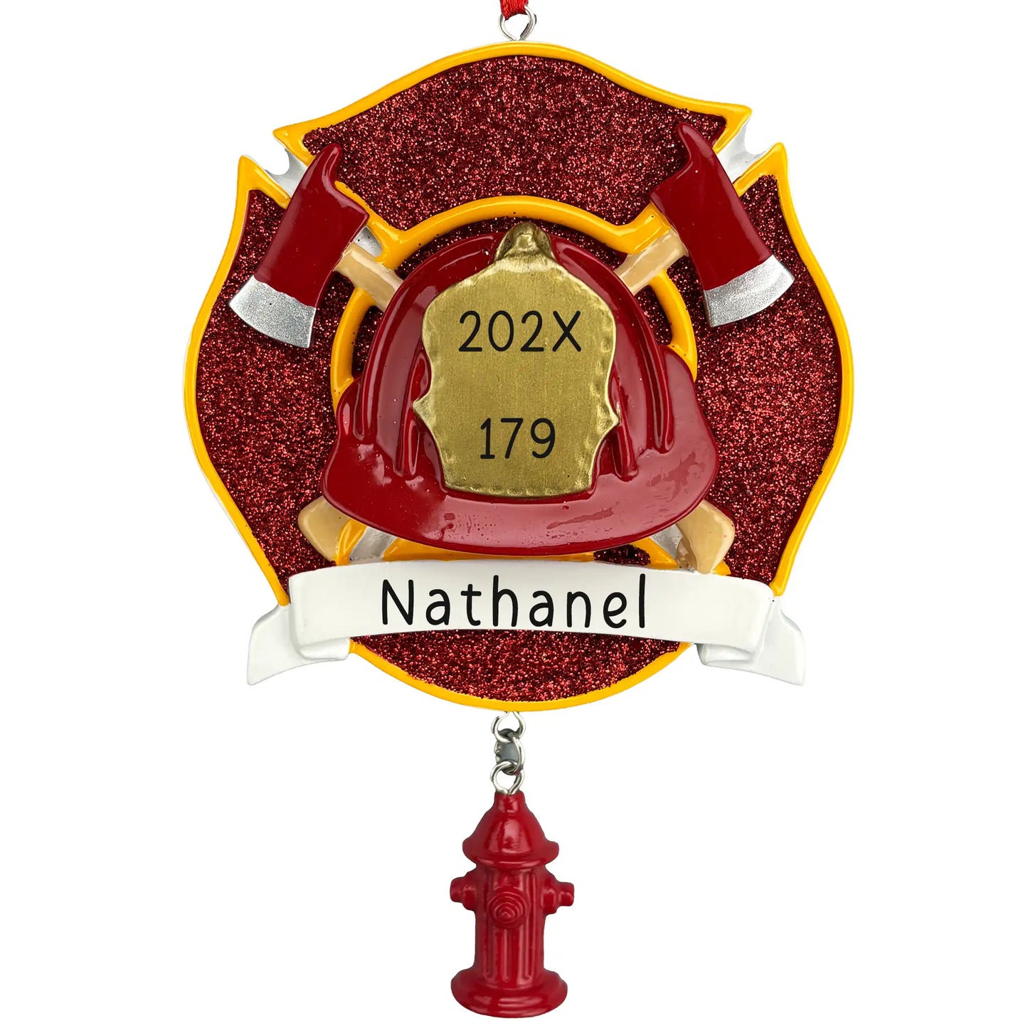 Personalized firefighter emblem Christmas ornament, a fire department Maltese cross with firefighting tools, engraved with a name and helmet details
