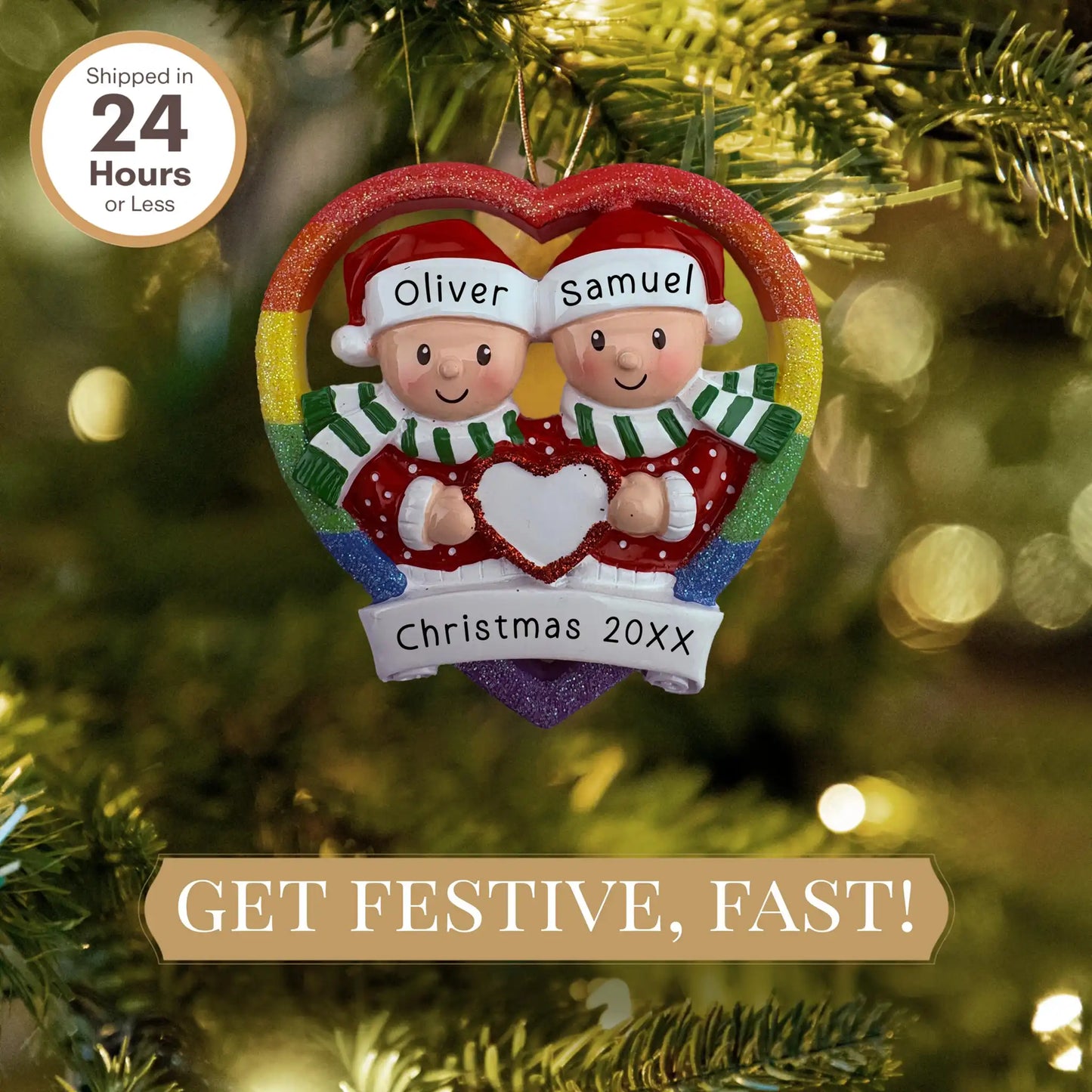 Adorno personalizado de pareja gay del mismo sexo con corazón arcoíris