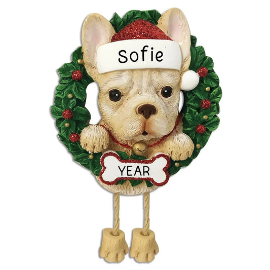 French Bulldog Wreath Christmas Ornament With Dangling Legs