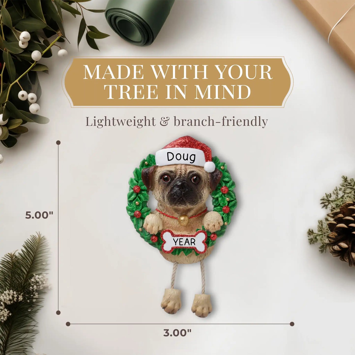 Pug Wreath Christmas Ornament