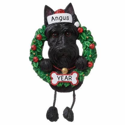 Scottie Wreath Christmas Ornament With Dangling Legs