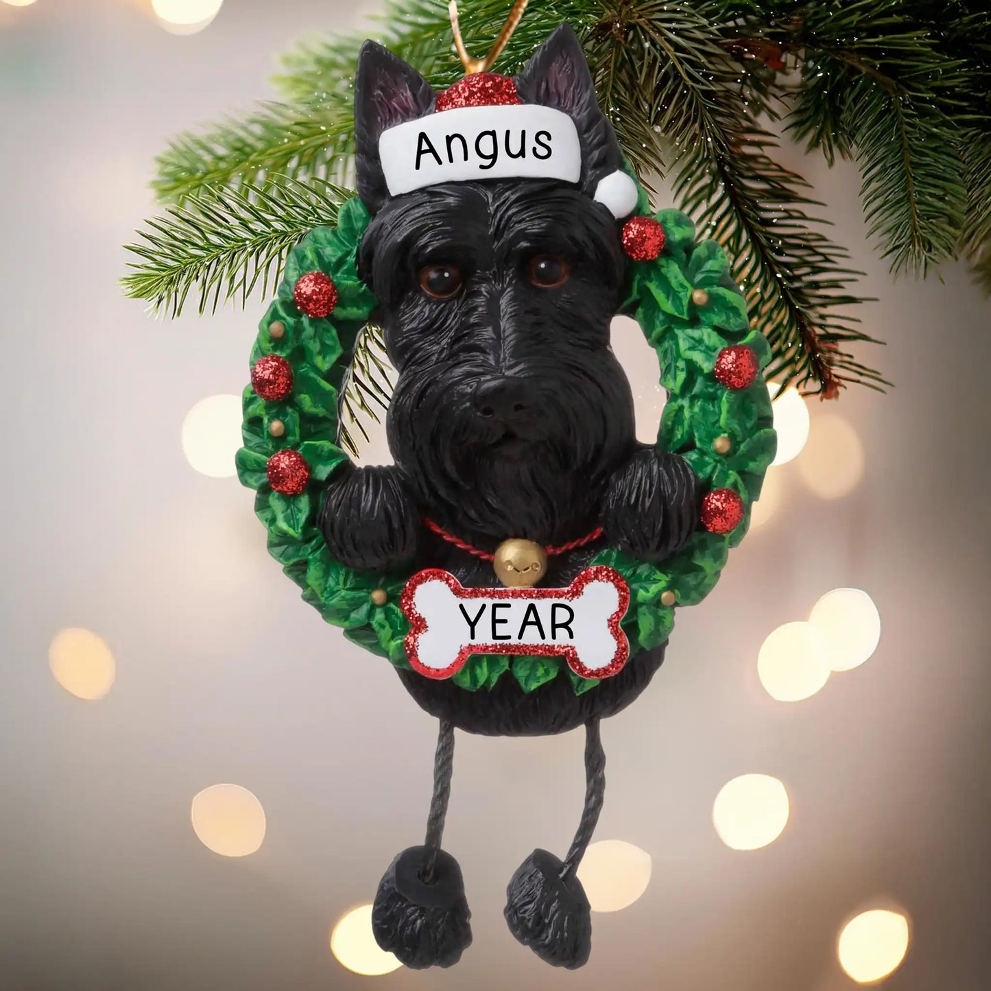 Scottie Wreath Christmas Ornament With Dangling Legs