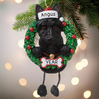 Scottie Wreath Christmas Ornament With Dangling Legs