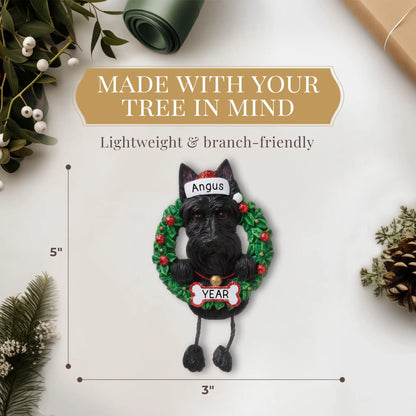 Scottie Wreath Christmas Ornament With Dangling Legs