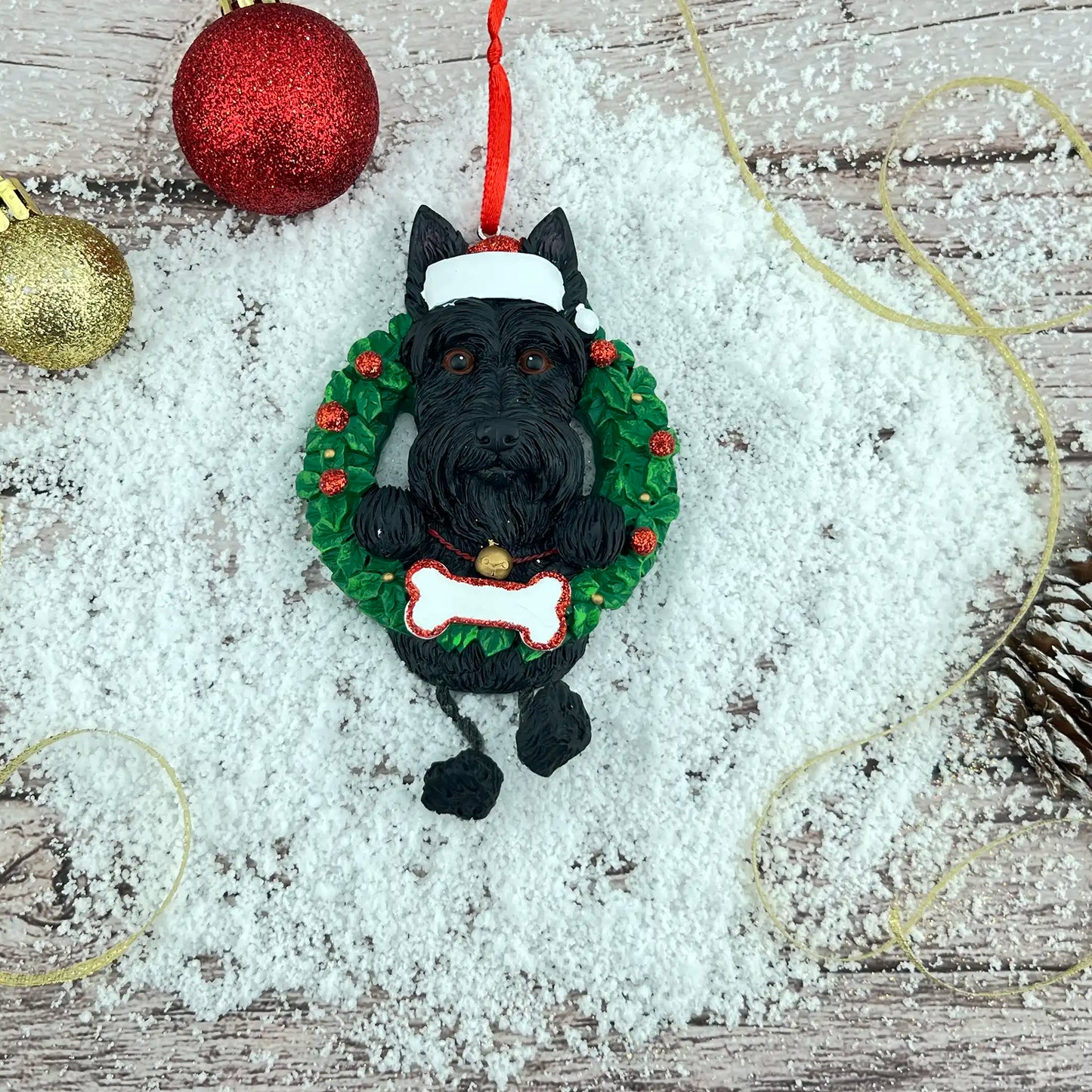 Scottie Wreath Christmas Ornament With Dangling Legs