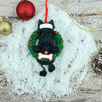 Scottie Wreath Christmas Ornament With Dangling Legs