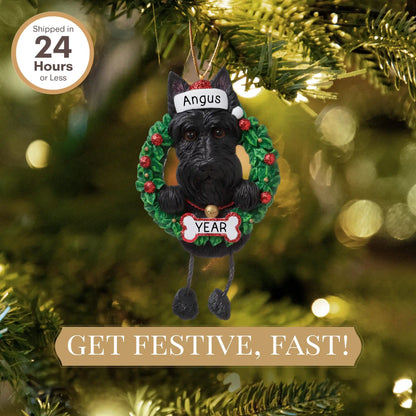 Scottie Wreath Christmas Ornament With Dangling Legs