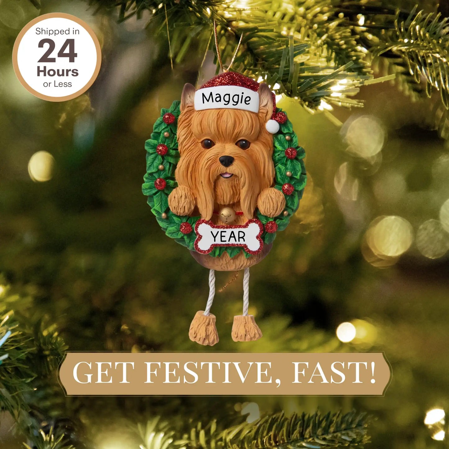 Yorkie Wreath Christmas Ornament