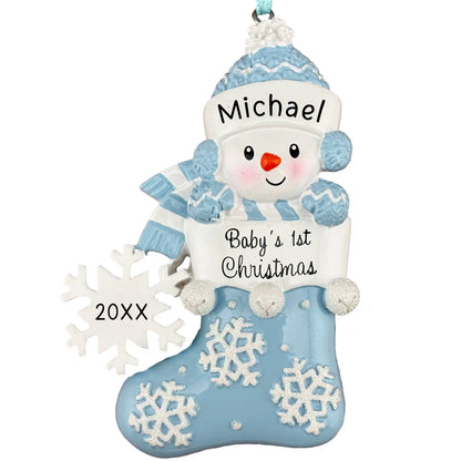 Personalized baby’s first Christmas ornament for boys with blue snowman and stocking