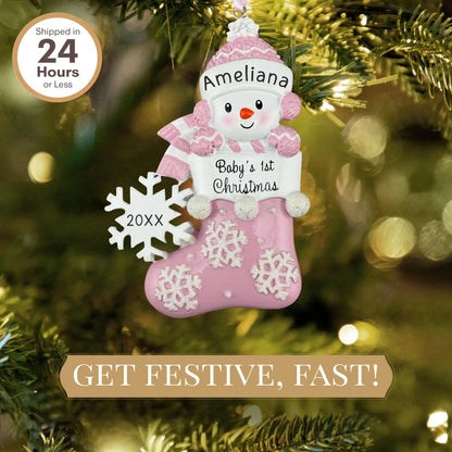 Adorno personalizado para la primera Navidad de niña: Muñeco de nieve rosa 
