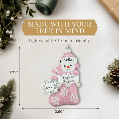 Adorno personalizado para la primera Navidad de niña: Muñeco de nieve rosa 