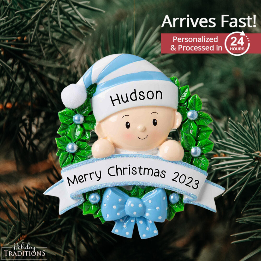 OR1746-B Baby Boy Christmas Wreath Personalized Ornament - Gift for Baby - Baby's First Christmas Present - xmas