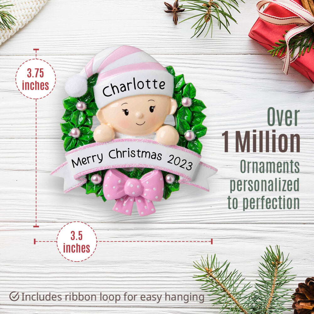 OR1746-G Baby Girl Christmas Wreath Personalized Ornament - Gift for Baby - Baby's First Christmas Present - size