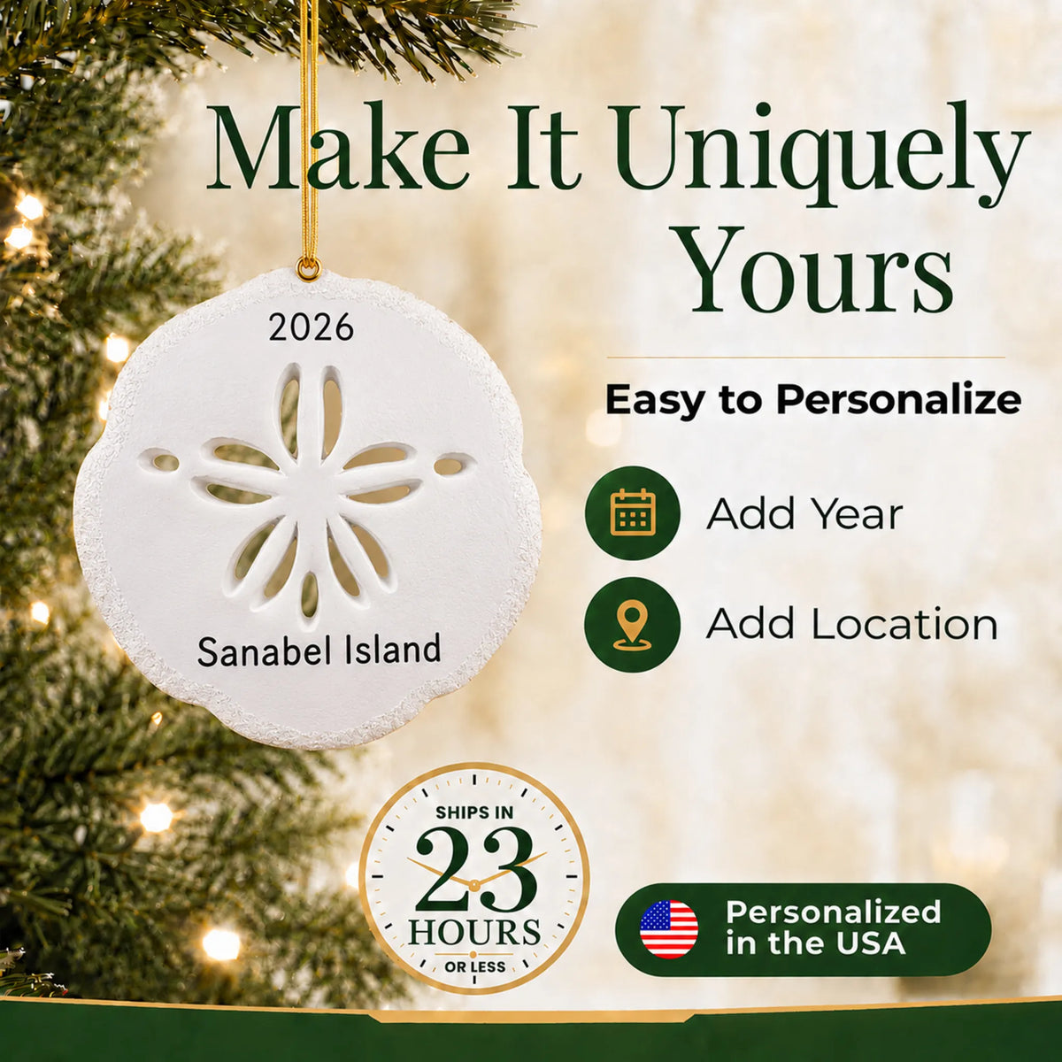 Make it yours: add year and location to the personalized sand dollar christmas ornament