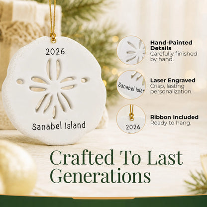 Hand-painted details and laser engraved personalization on the sand dollar christmas ornament, ribbon included