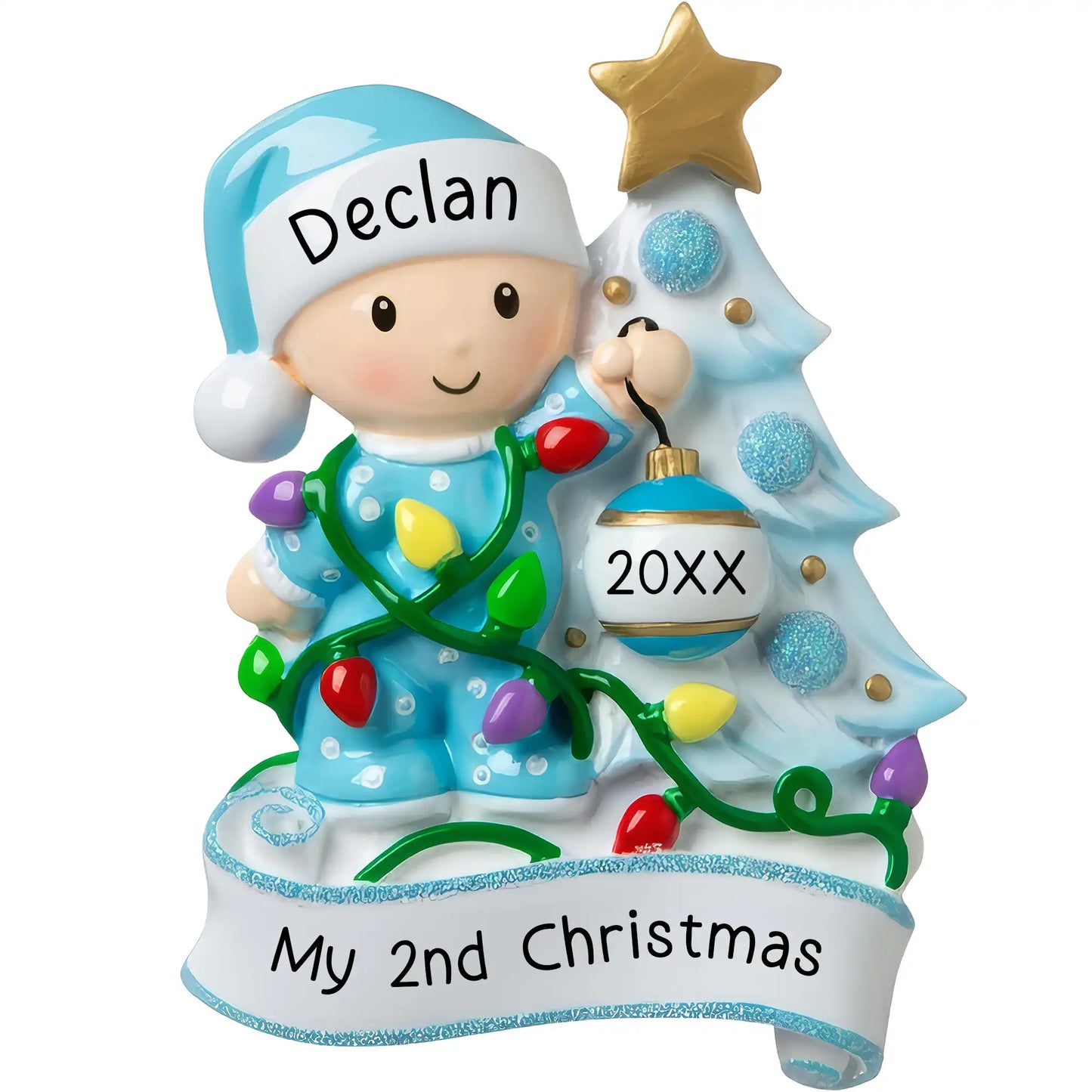 Baby's 2nd Christmas Tree Personalized Ornament - Blue