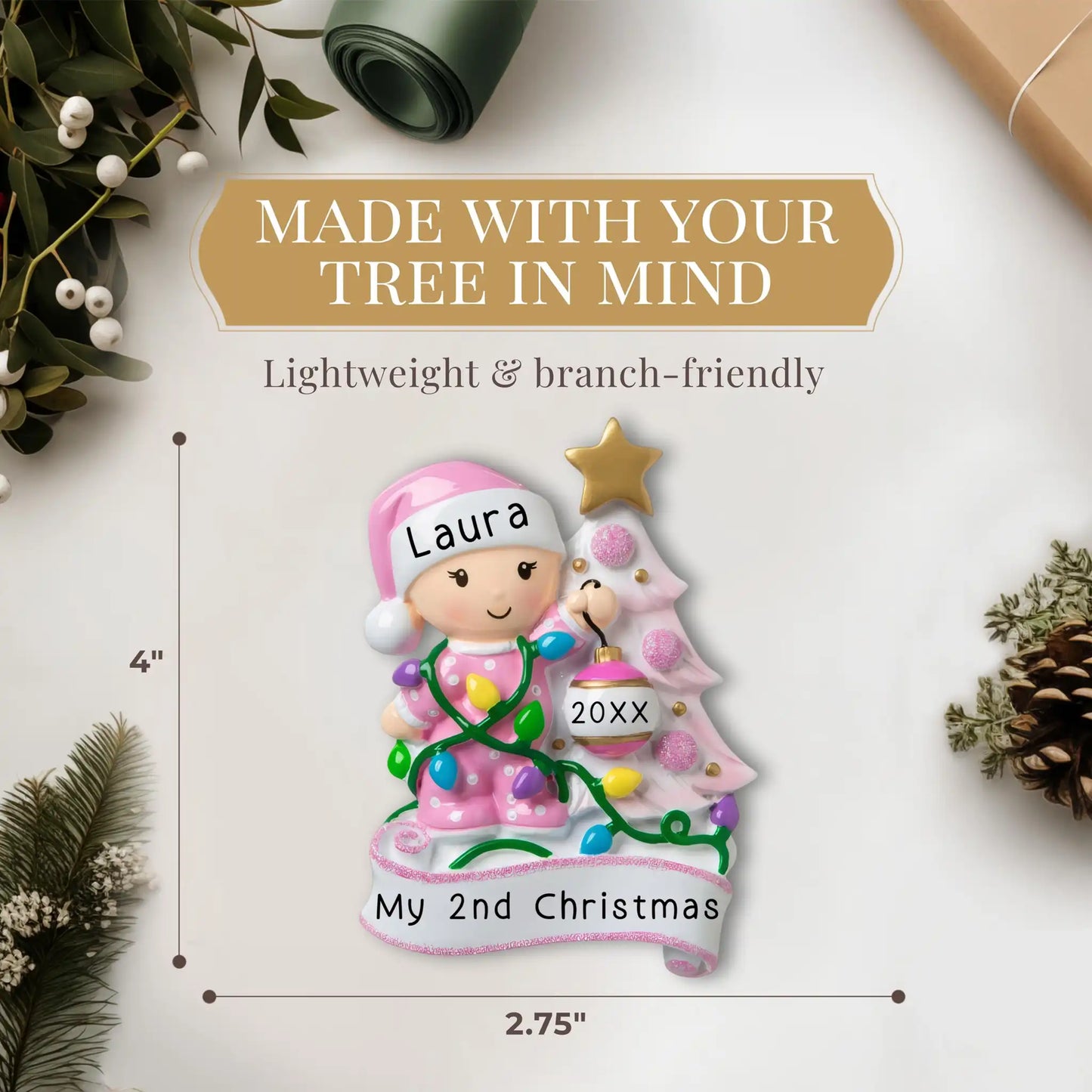 Baby's 2nd Christmas Tree Ornament - Pink Girl