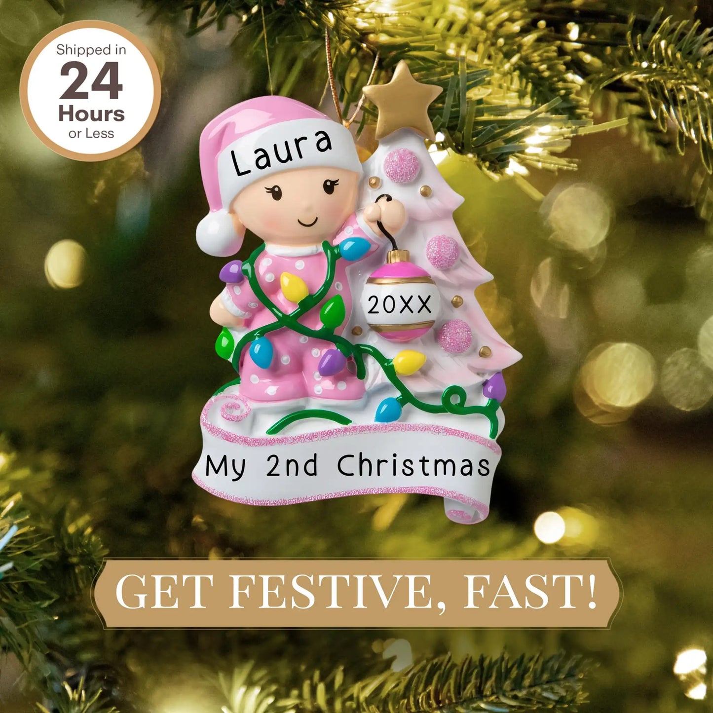 Baby's 2nd Christmas Tree Ornament - Pink Girl