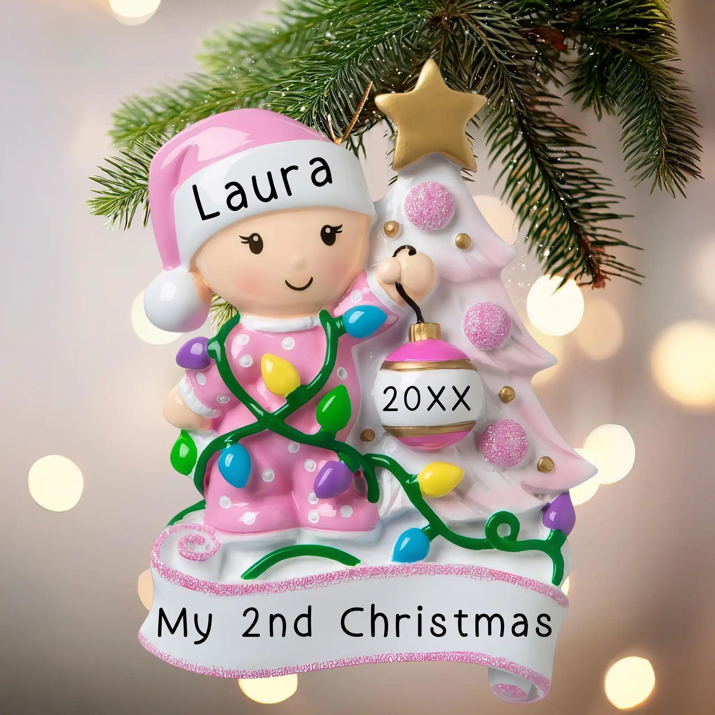 Baby's 2nd Christmas Tree Ornament - Pink Girl
