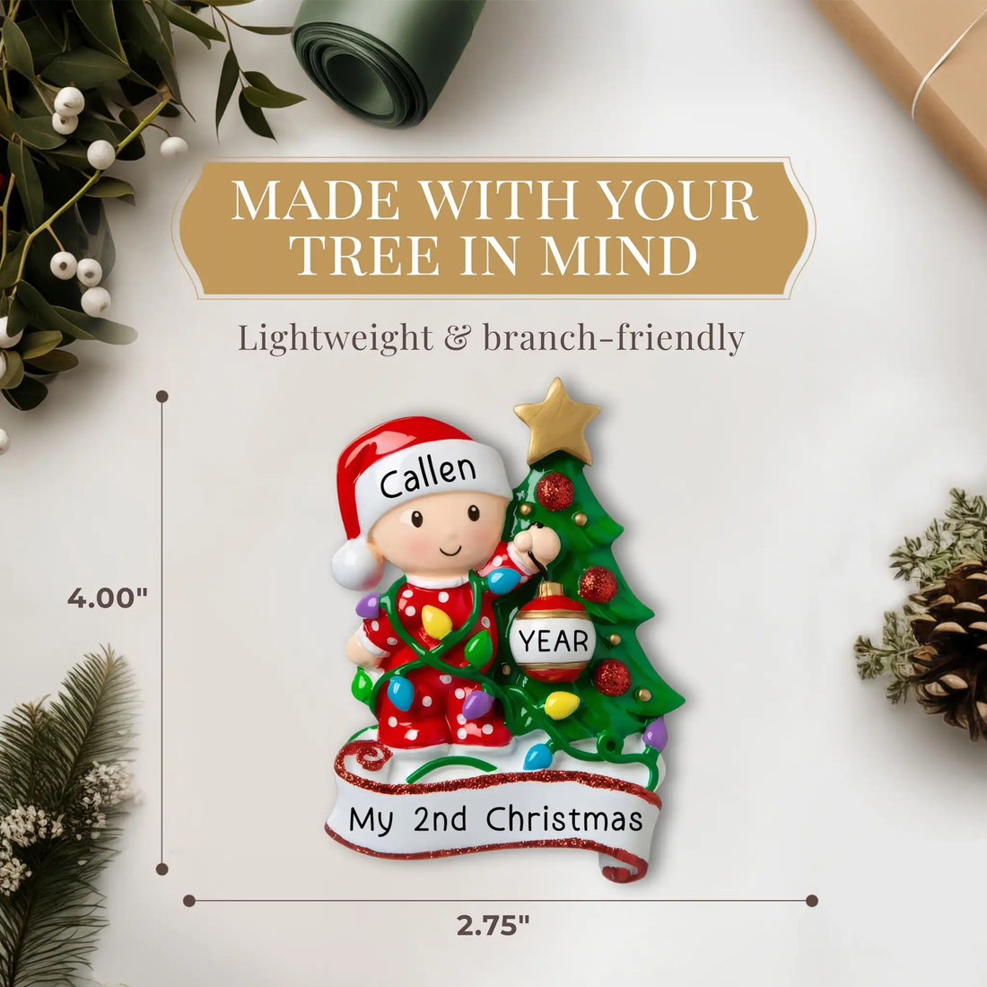 Custom Baby’s First Christmas ornament personalized with name and year, designed as a holiday keepsake.