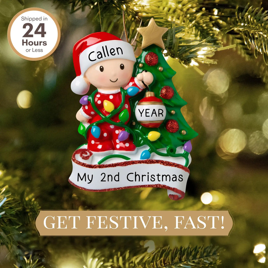 Custom family keepsake ornament personalized with a family name and year to mark a meaningful moment.