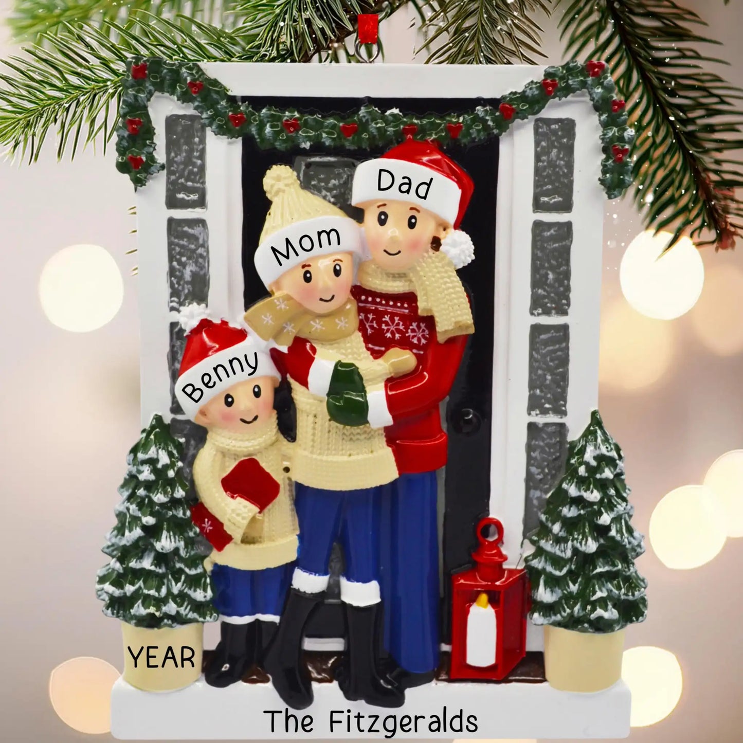 Holiday Door Family of 3 Christmas Ornament
