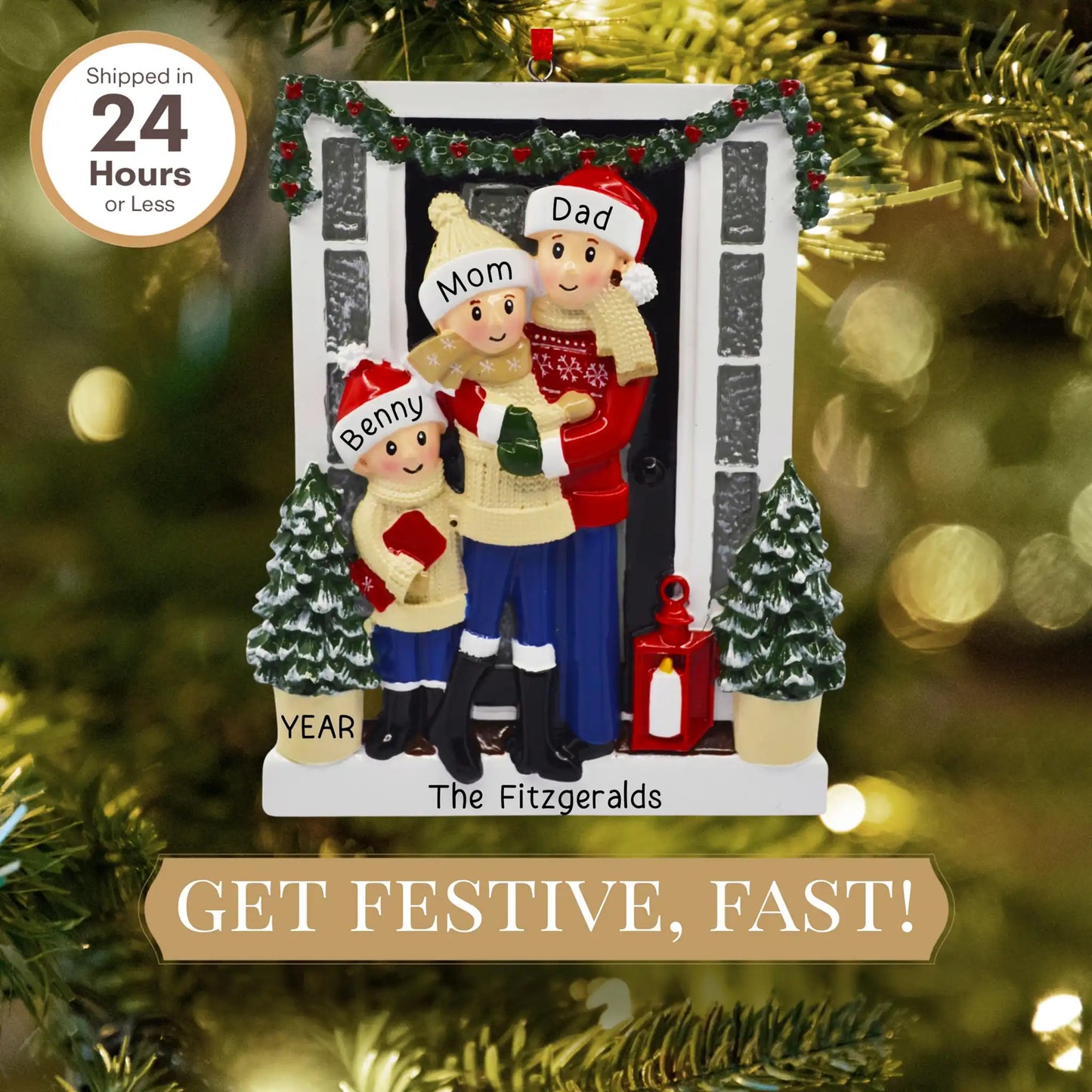 Holiday Door Family of 3 Christmas Ornament