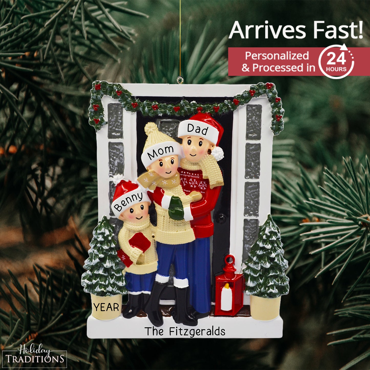 Holiday Door Family of 3 Christmas Ornament