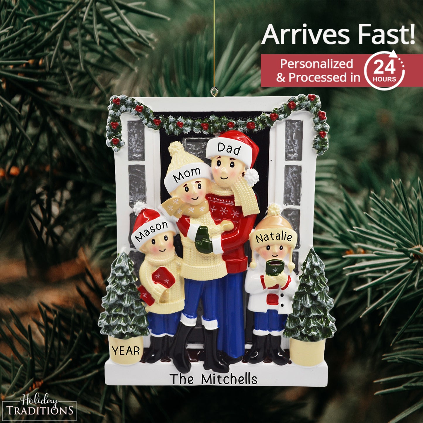 Holiday Door Family of 4 Christmas Ornament