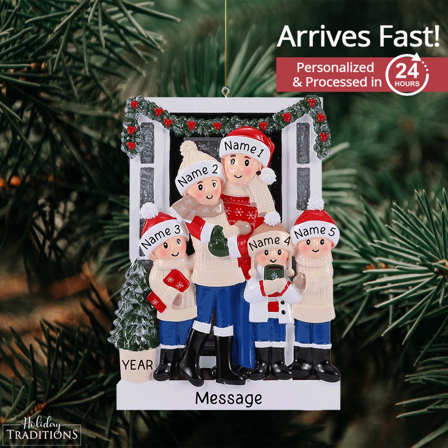 Holiday Door Family of 5 Christmas Ornament