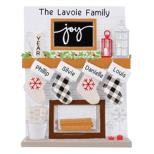 Fireplace Joy Family of 4 Personalized Ornament celebrating winter milestones