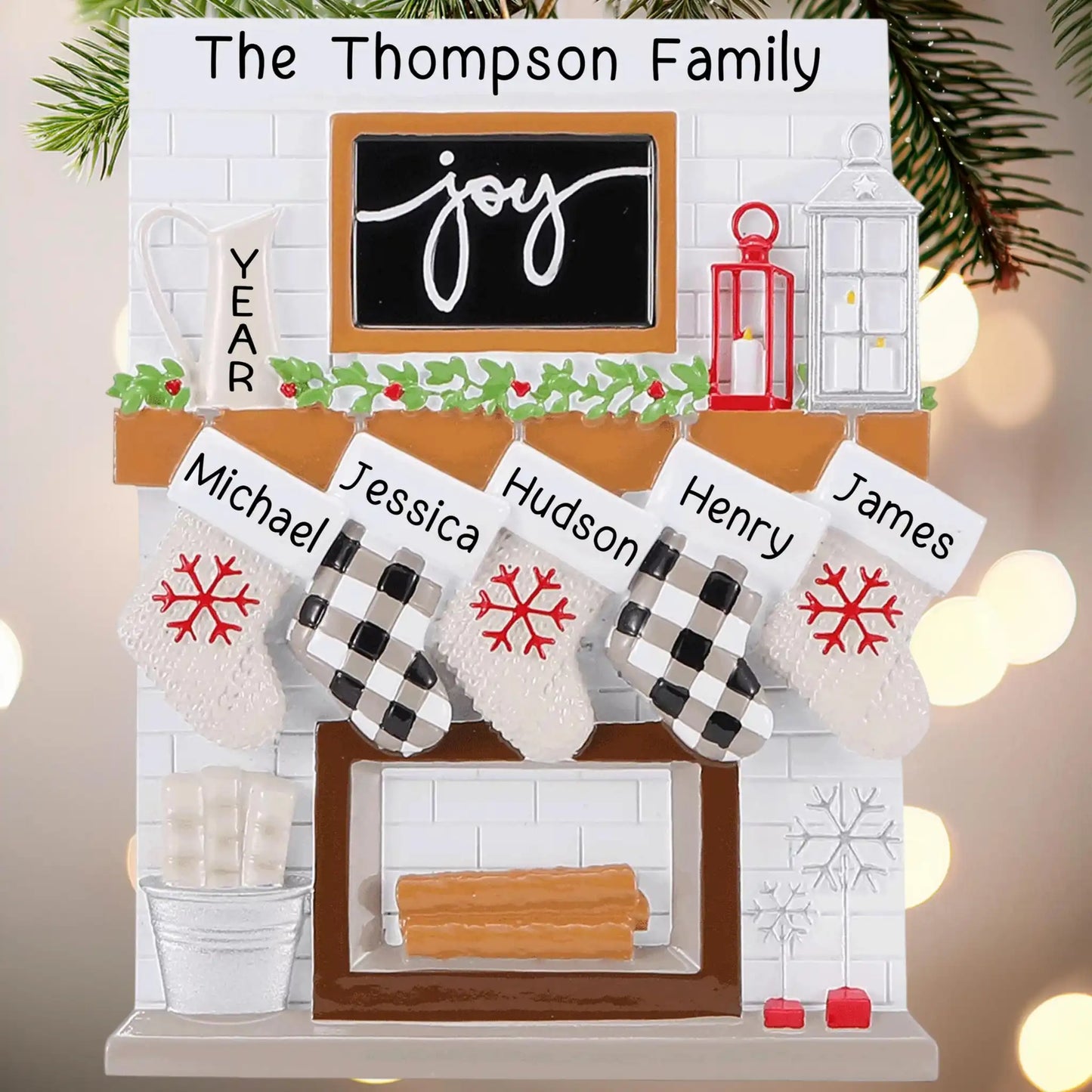 Fireplace Family of 5 Stockings Personalized Ornament