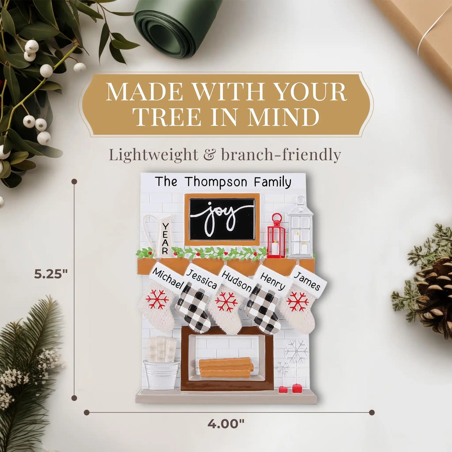 Fireplace Family of 5 Stockings Personalized Ornament