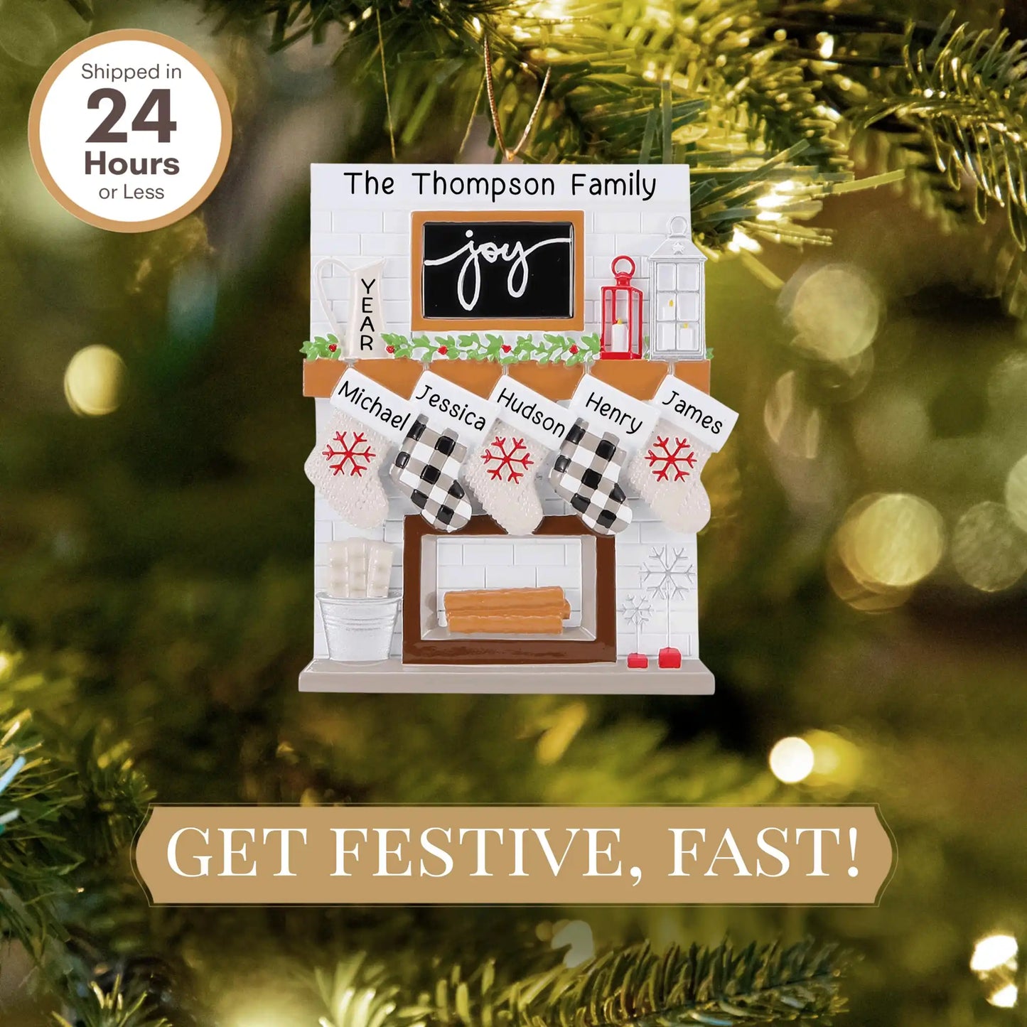 Fireplace Family of 5 Stockings Personalized Ornament