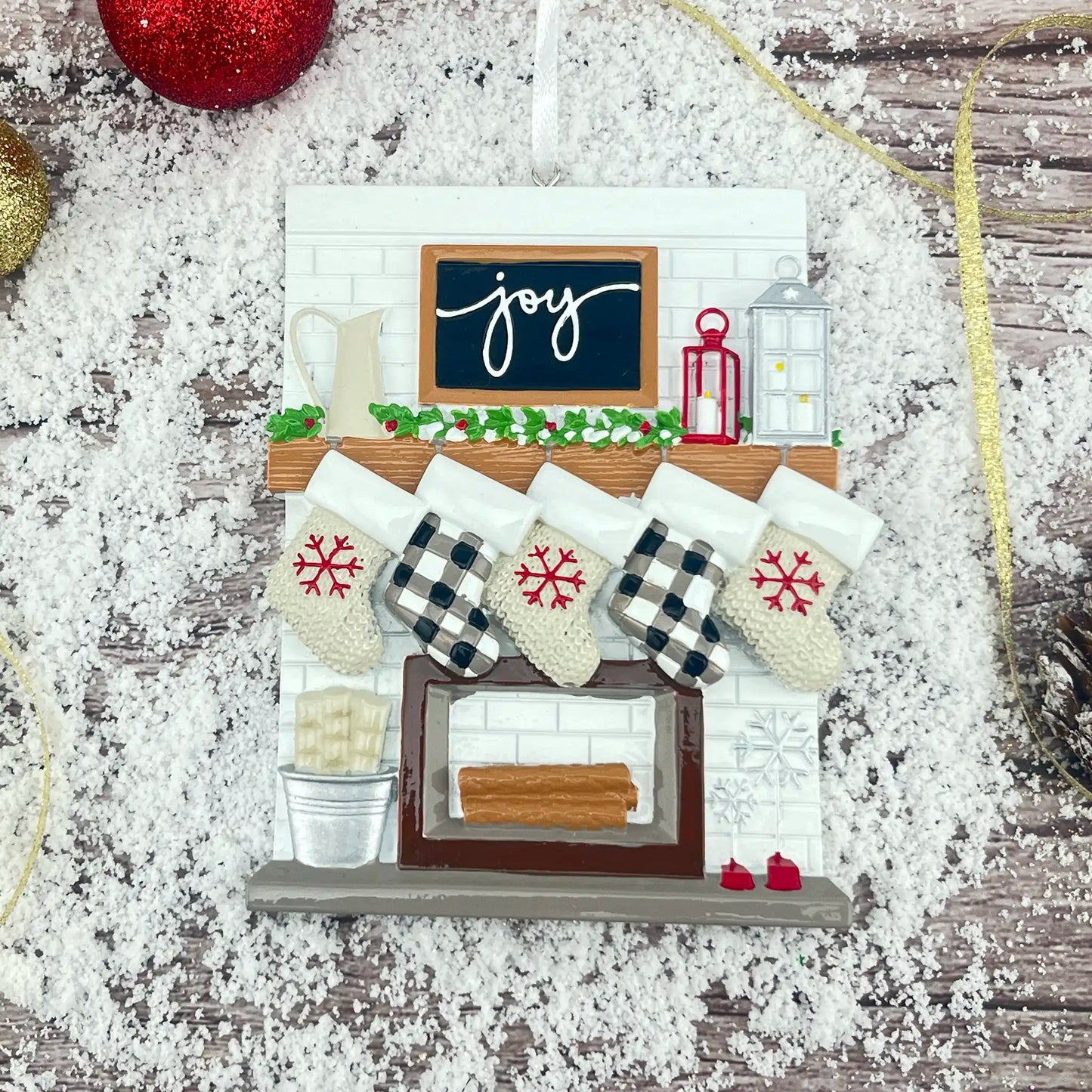 Fireplace Family of 5 Stockings Personalized Ornament