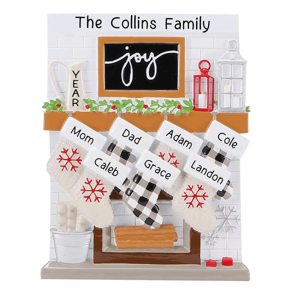 Fireplace Family of 7 Stockings Personalized Ornament