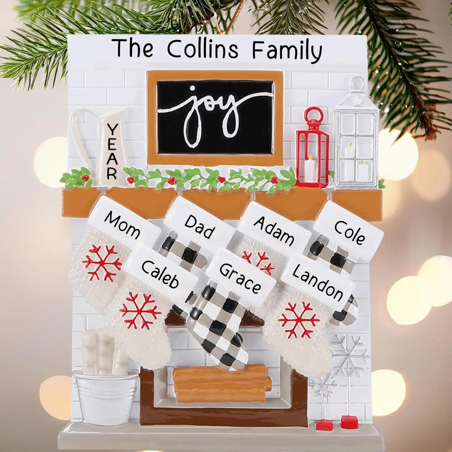 Fireplace Family of 7 Stockings Personalized Ornament