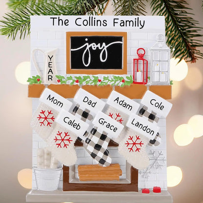 Fireplace Family of 7 Stockings Personalized Ornament