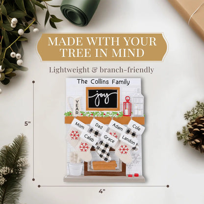 Fireplace Family of 7 Stockings Personalized Ornament