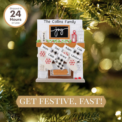 Fireplace Family of 7 Stockings Personalized Ornament