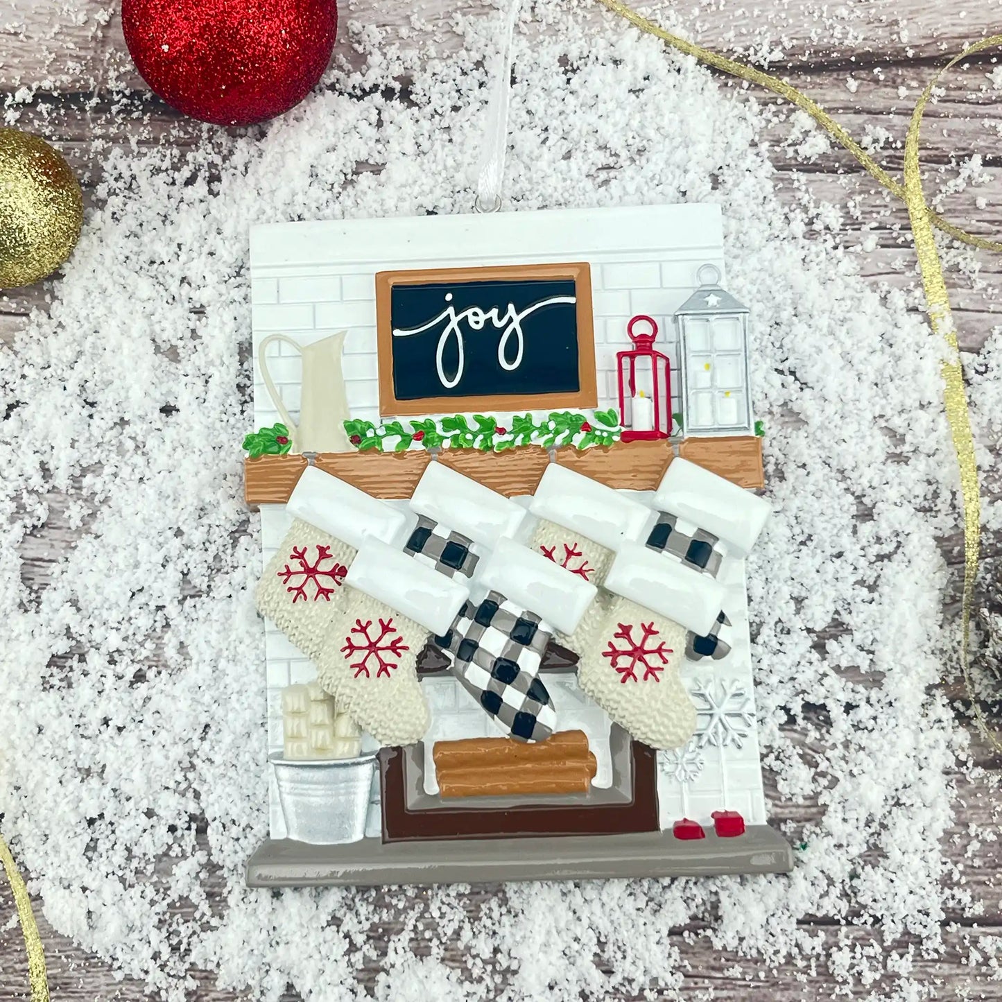 Fireplace Family of 7 Stockings Personalized Ornament