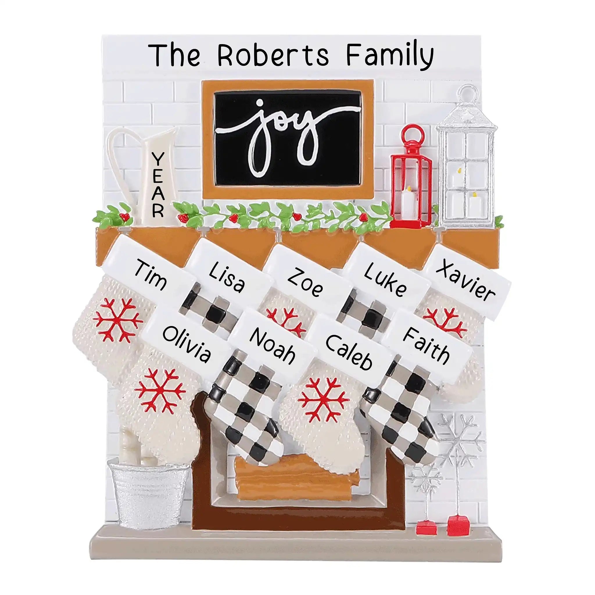 Fireplace Family of 9 Stockings Personalized Ornament