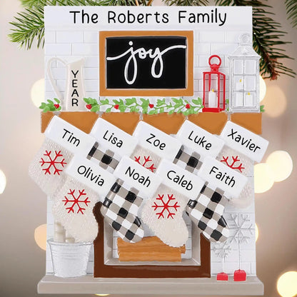 Fireplace Family of 9 Stockings Personalized Ornament