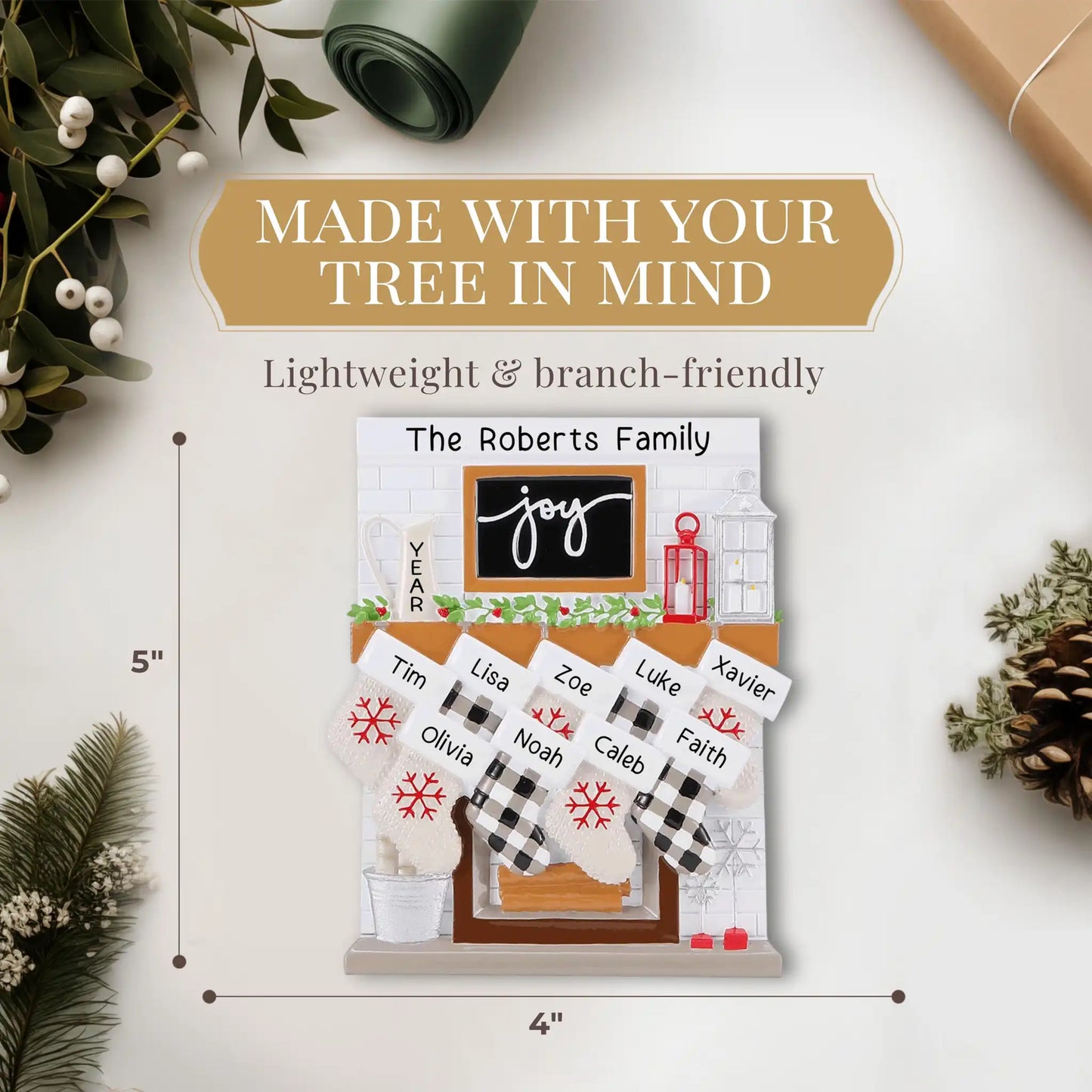 Fireplace Family of 9 Stockings Personalized Ornament