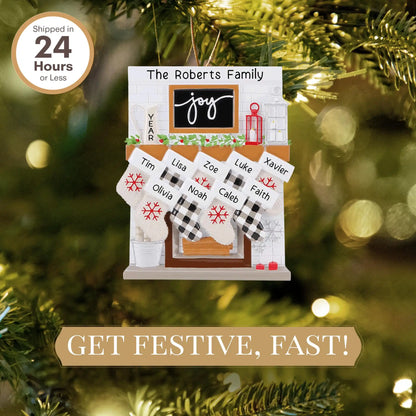 Fireplace Family of 9 Stockings Personalized Ornament