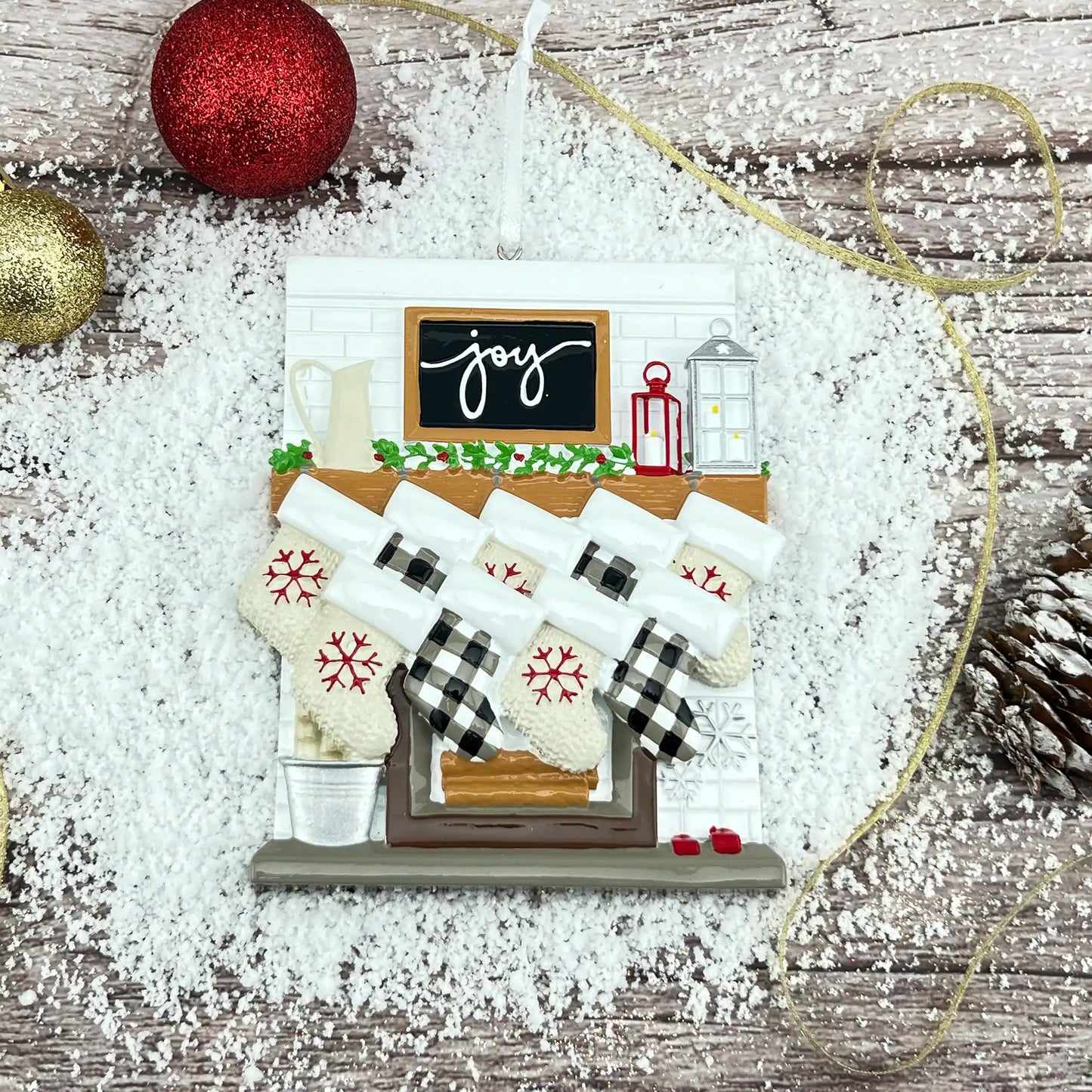 Fireplace Family of 9 Stockings Personalized Ornament