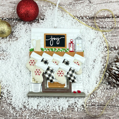 Fireplace Family of 9 Stockings Personalized Ornament