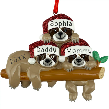Sloth family of 3 personalized Christmas ornament with names on hats
